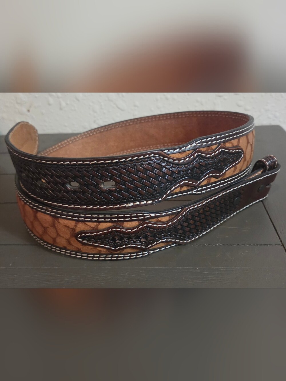 Men's Brown and Black Leather Belt with Decorative Weave
